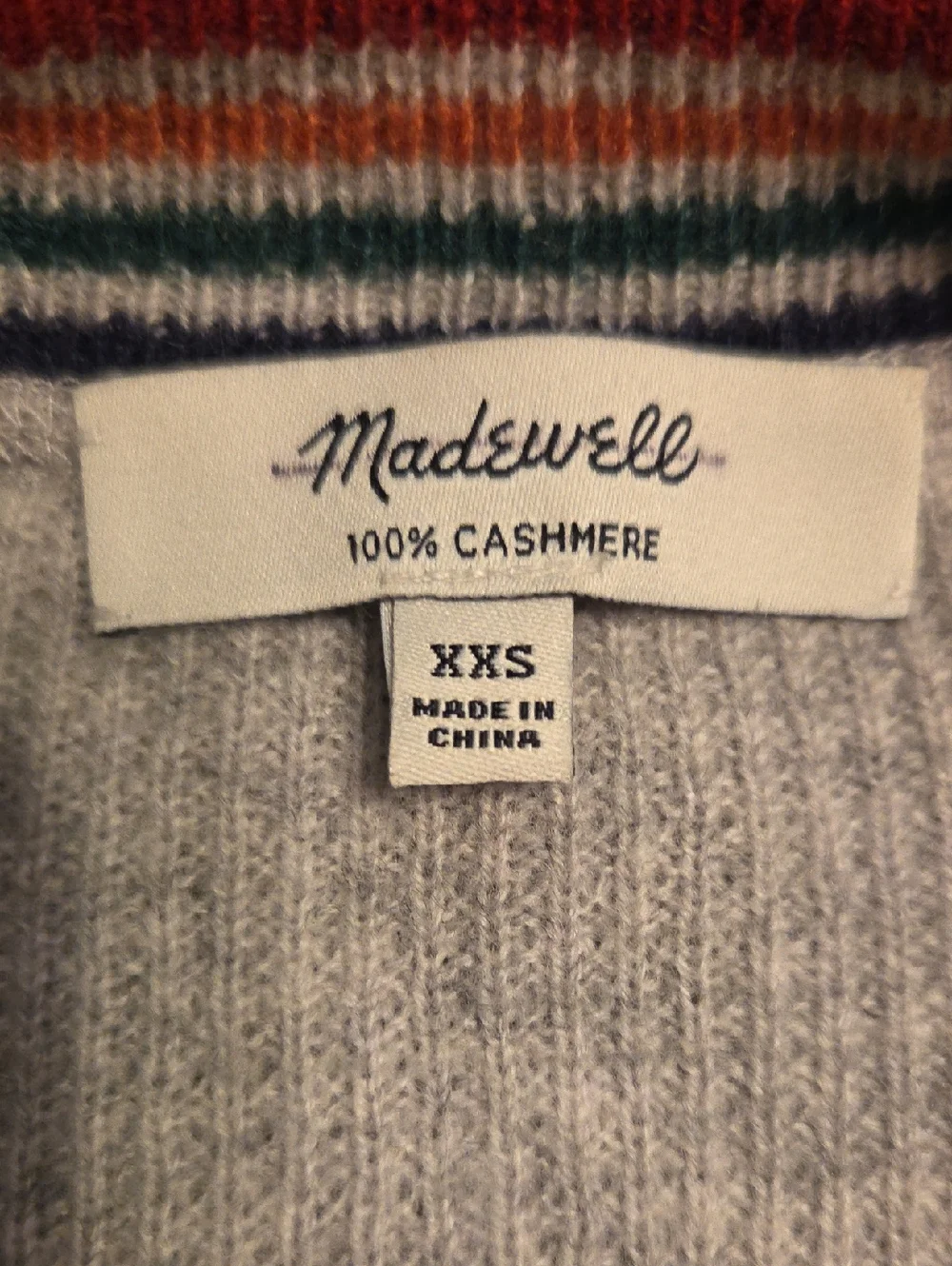 MADEWELL Rainbow-Trim Cashmere Sweatshirt Sweater Gray Womens Size XXS